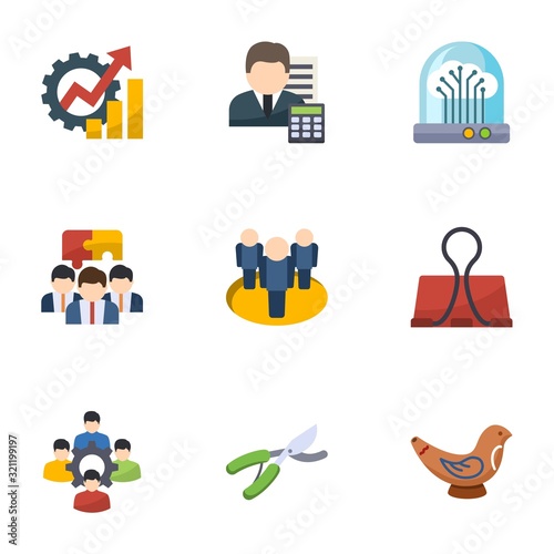 9 work flat icons set isolated on white background. Icons set with Productivity, Accountant, Future technology, Team building, team, Binder clip, colleague, Garden pruner icons.