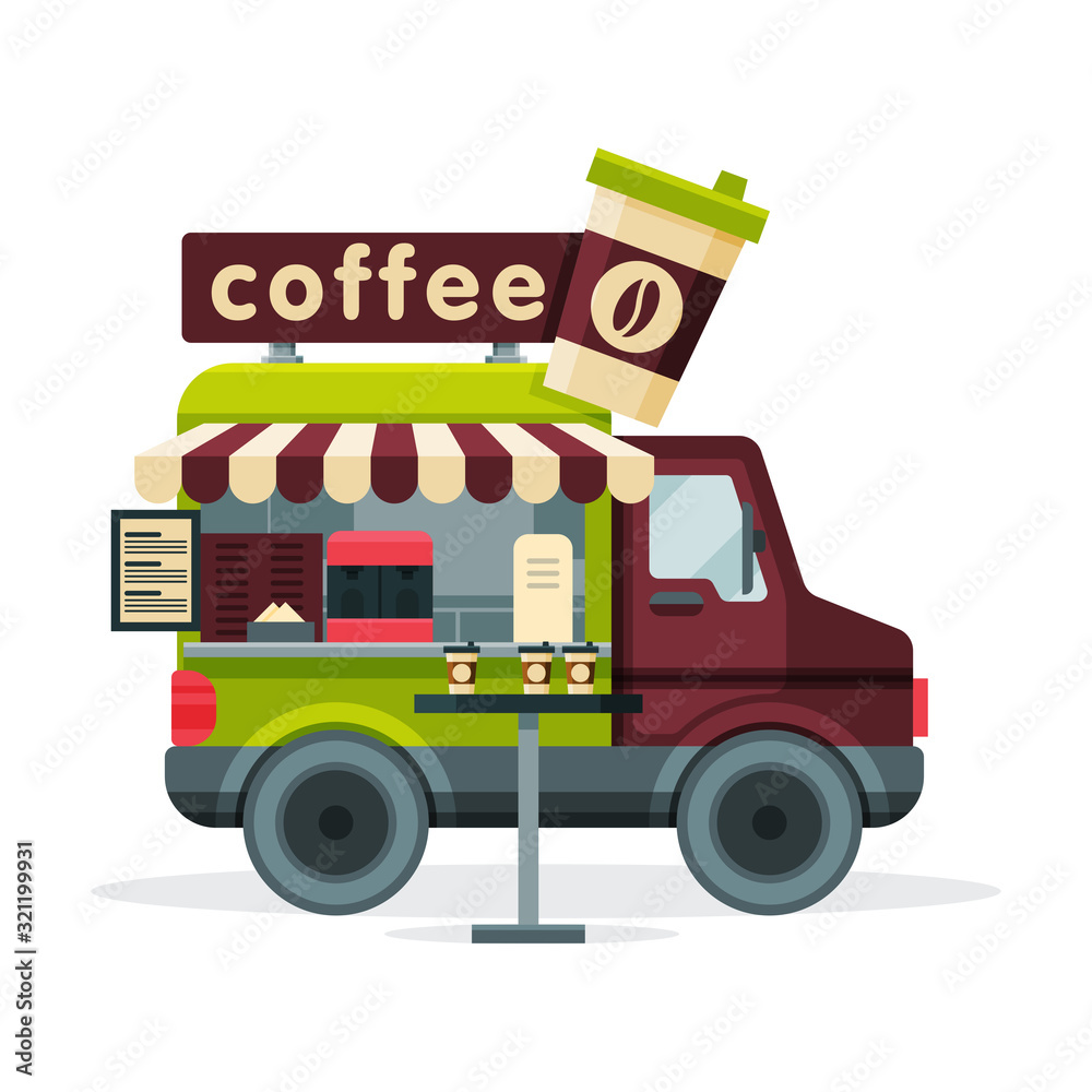 Fototapeta premium Coffee Truck, Street Meal Van, Mobile Shop Vector Illustration