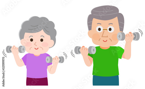 ダンベル　筋トレする　高齢者　男性女性　全身　イラスト