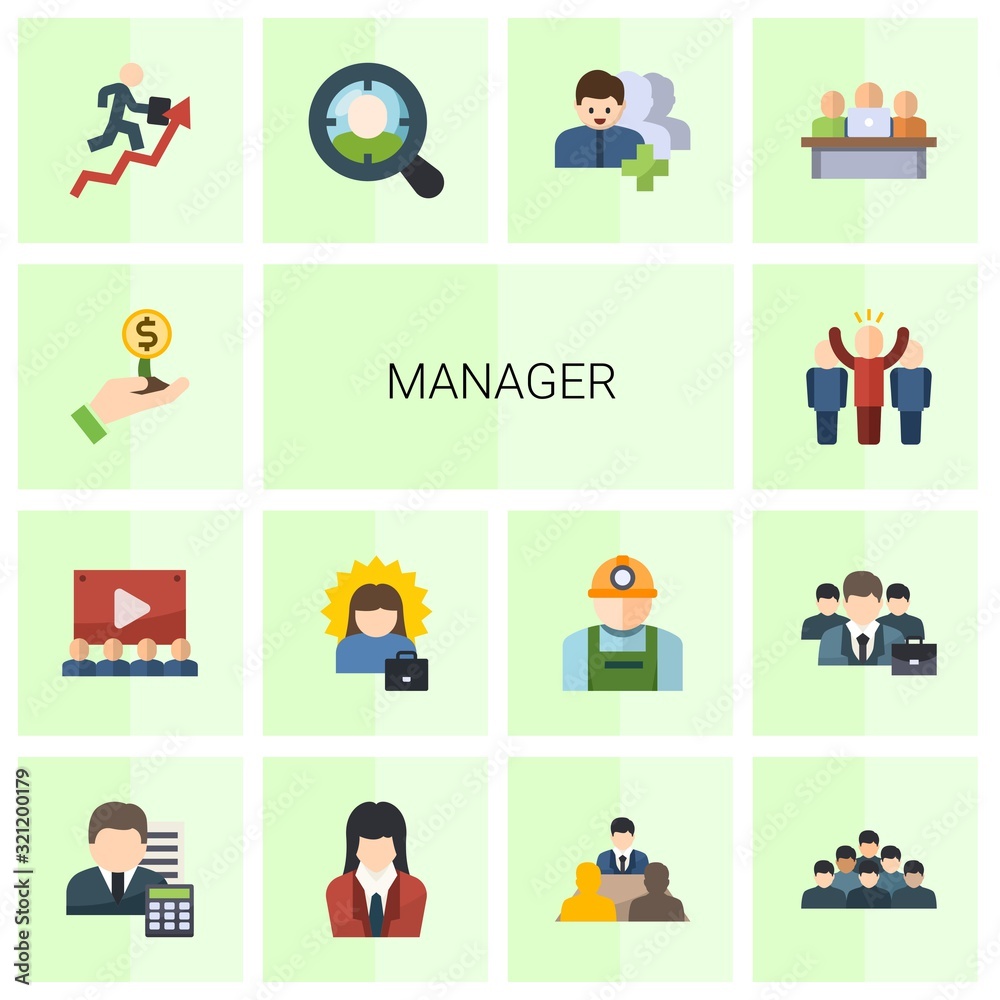 14 manager flat icons set isolated on white background. Icons set with Investor, Audience, successful woman, leader, career growth, Target Audience, Followers, developers team icons. 14 manager flat icons set isolated on white background. Icons set with Investor, Audience, successful woman, leader, career growth, Target Audience, Followers, developers team icons.