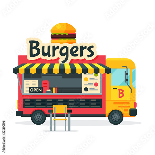 Burgers Food Truck  Street Meal Vehicle  Fast Food Delivery  Mobile Shop Vector Illustration