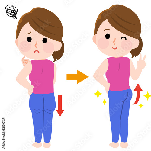 たるんだお尻　美尻になる女性　後ろ姿　イラスト