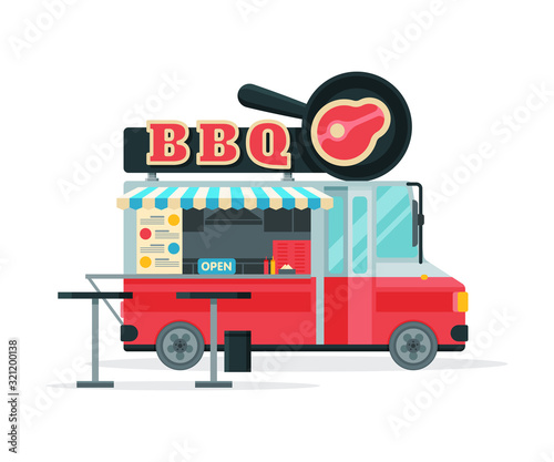 BBQ Food Truck, Street Meal Vehicle, Fast Food Delivery, Mobile Shop Vector Illustration