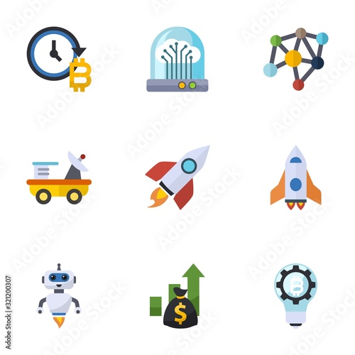9 future flat icons set isolated on white background. Icons set with future of money, Future technology, Neural network, moon rover, rocket, spaceship, AI Robot, Asset icons.