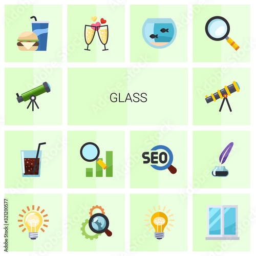 14 glass flat icons set isolated on white background. Icons set with Astronomy, drinks, Semantic Analysis, telescope, Beverage, champagne, Aquarium, Magnifier, Idea, Search optimization icons.