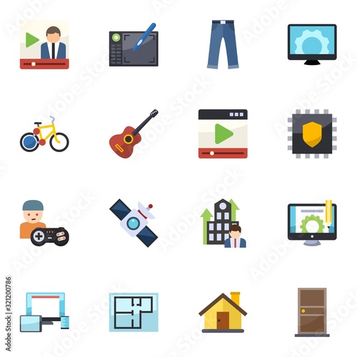 16 modern flat icons set isolated on white background. Icons set with Video streaming, Graphic tablet, jeans, bike sharing, Guitar playing, media player, gamer, satellite icons.