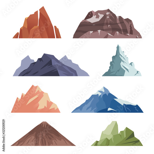 cartoon Mountain. outdoor rocks landscape for extreme climbing expeditions. vector different mountains isolated on white