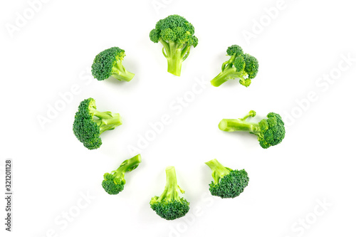 Broccoli florets, shot from the top on a white background, forming a circular frame with a place for text