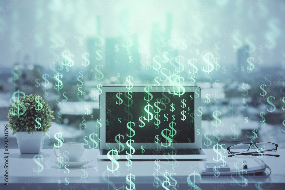 Forex graph hologram on table with computer background. Multi exposure. Concept of financial markets. Forex graph hologram on table with computer background. Multi exposure. Concept of financial markets.