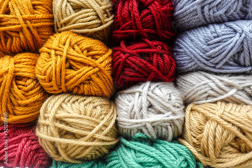 Collection of skeins of yarn in a wide range of colours