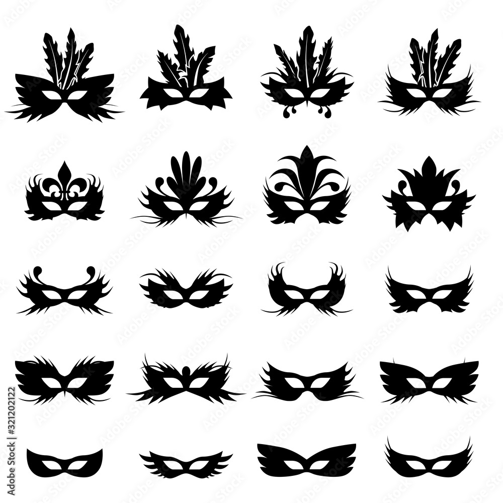 Set of silhouettes of carnival masks. Icons of masks for holidays. Vector illustration in flat style isolated on white background for design and web. Set of silhouettes of carnival masks. Icons of masks for holidays. Vector illustration in flat style isolated on white background for design and web.