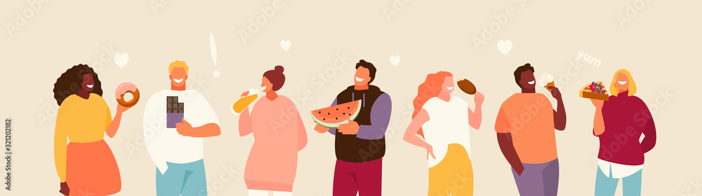 Group of happy people eating sweets. Body positive and enjoyment of food  vector illustration Stock Vector | Adobe Stock