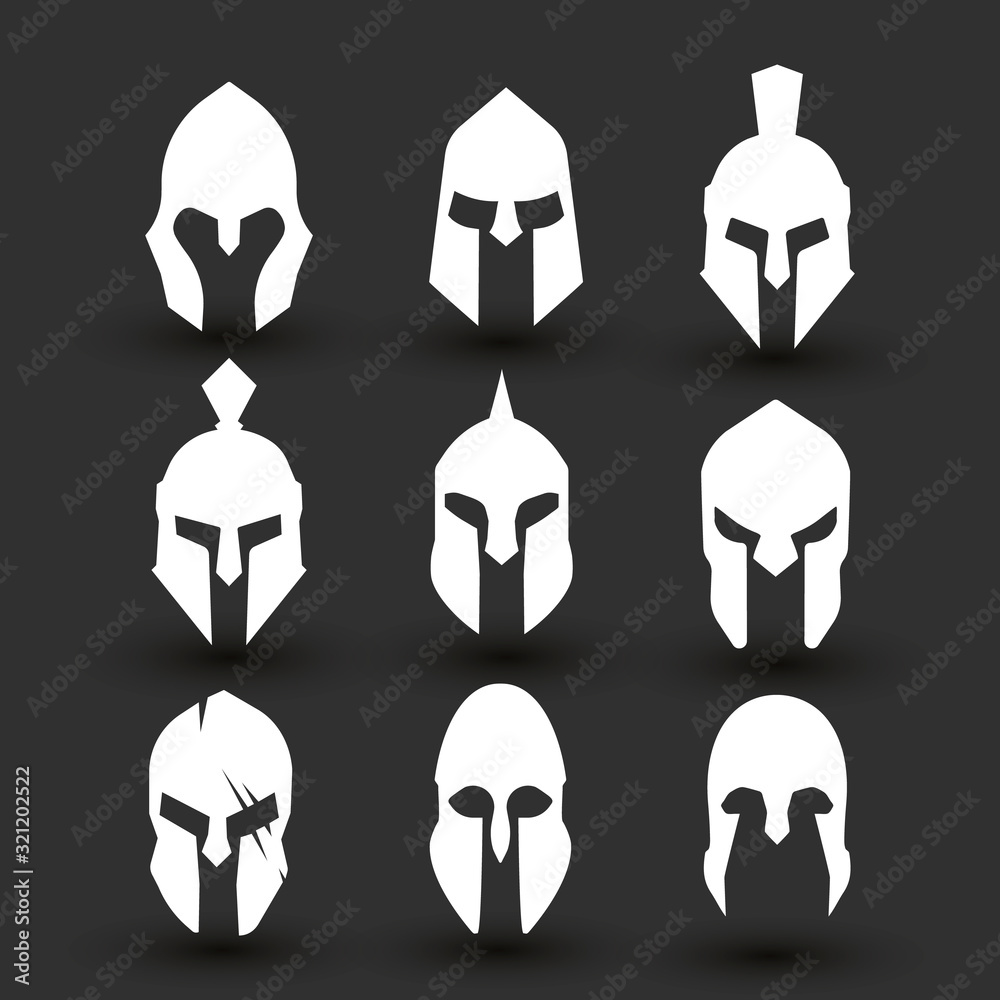 Silhouettes spartan helmet isolated from the black background. Vector set  of roman or greek warrior helmet. Stock Vector | Adobe Stock