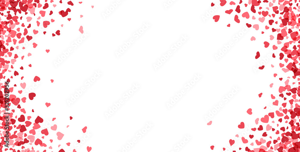 Valentines day card. Heart confetti falling over white background for greeting cards, wedding invitation.