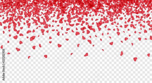 Love valentine's background with pink falling hearts over transparent grid.