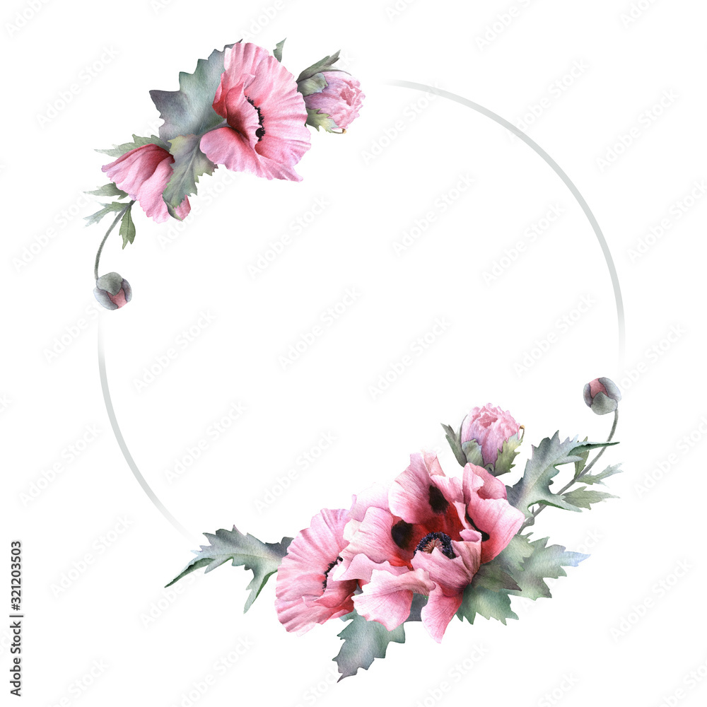 Hand drawn watercolor round floral frame with picturesque pink poppies ...
