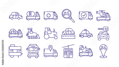 Vehicles icon set design, Transportation travel trip urban motor speed fast automotive and driving theme Vector illustration