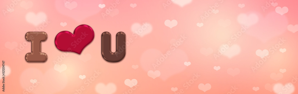 Banner Of ‘I love you’ Written With Chocolate On Heart Shaped Bokeh Background. Valentine's Day / Marriage Concept. 