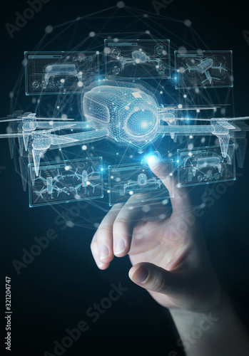 Businessman holding and touching holographic drone projection in his fingers 3D rendering
