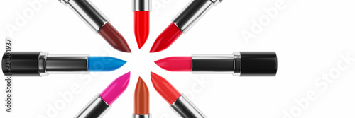 Lipstick with different shades. Lipstick is in a row with a different color.