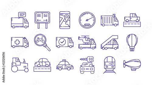 Vehicles icon set design, Transportation travel trip urban motor speed fast automotive and driving theme Vector illustration