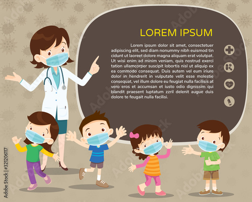 Doctor and children wear a medical face mask with copy space