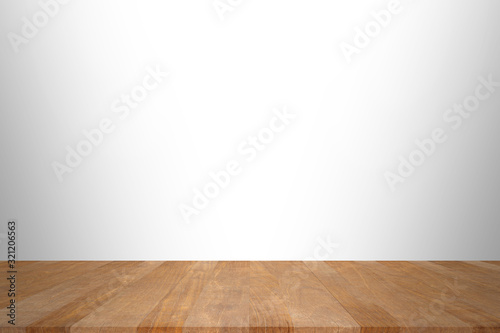 Wood table top on white background. Used for product placement or montage. 