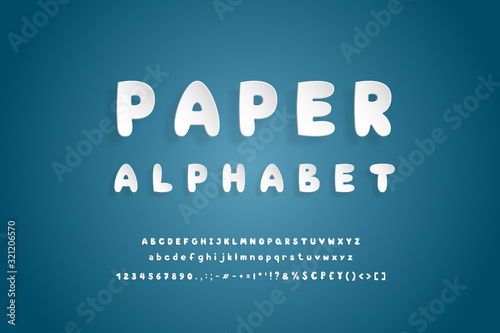 Paper alphabet. Bold white font, realistic paper cut out style. Uppercase and lowercase letters, numbers, punctuation marks and symbols. Flying 3D typeface on navy blue background