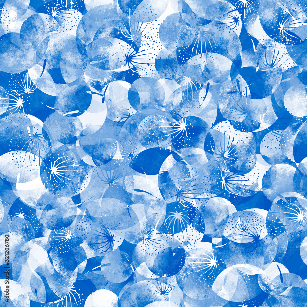 Fototapeta premium Watercolor background. blue confetti, cracker, balls, dandelion flower, pollen. Beautiful abstract background. round abstract spot. For fabric, cover, packaging, material, wallpaper, scarf.