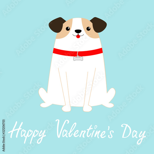 Happy Valentines Day. Dog sitting. White puppy pooch. Red collar bone. Cute cartoon kawaii funny baby character. Flat design style. Help homeless animal Adopt me. Pet adoption. Blue background.