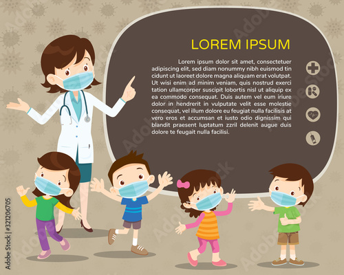 Doctor and children wear a medical face mask with copy space