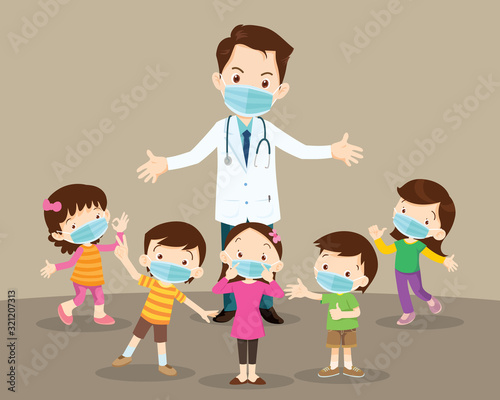 children boy and girl and doctor wearing protective Medical mask from virus