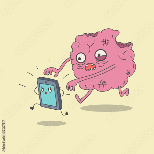 Zombie brain chasing a smartphone. phone addiction illustration