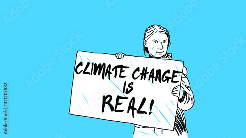 Climate change protestor holding poster editable text simple hand drawn design style minimal vector illustration photo