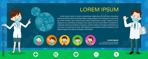 Doctor and children wear a medical face mask with copy space for banner