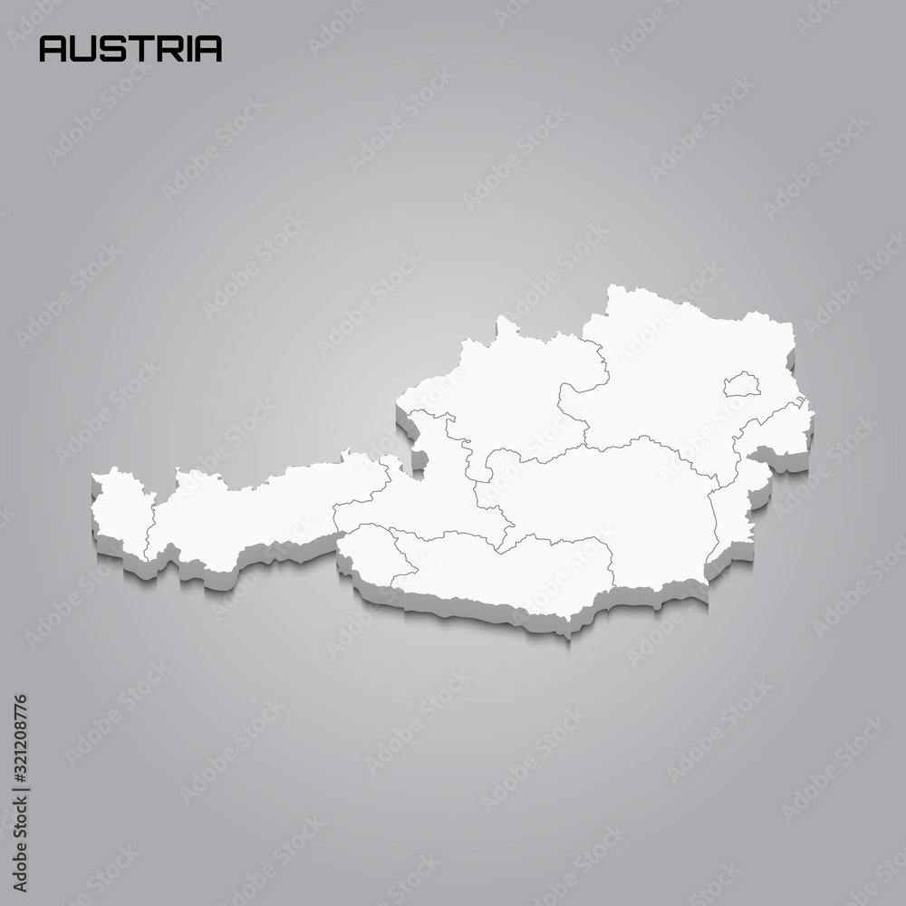 Austria 3d map with borders of regions