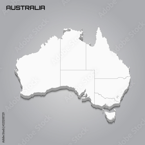 Australia 3d map with borders of regions