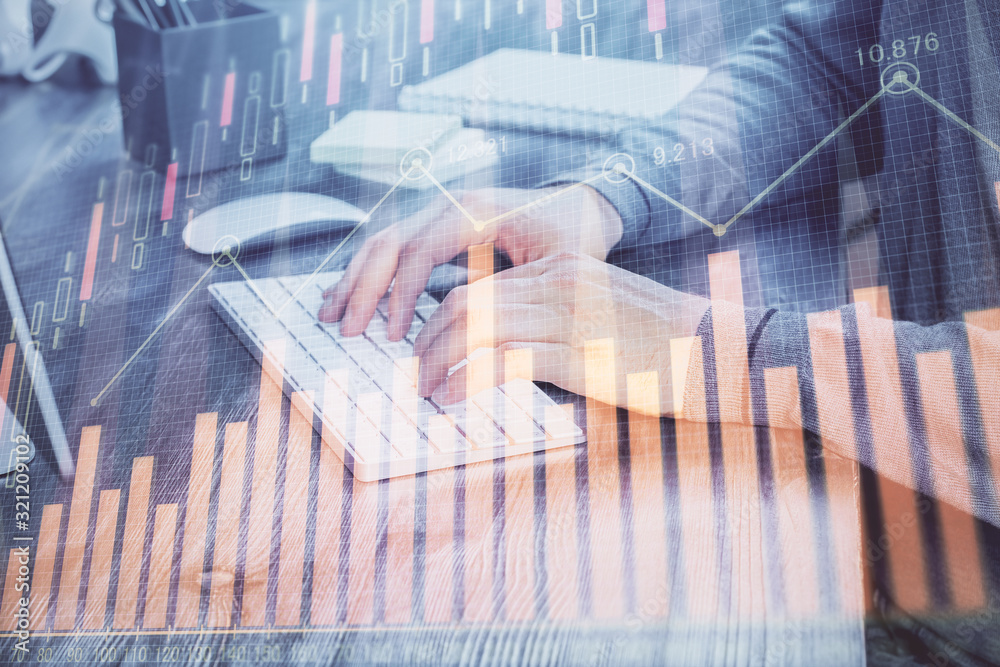 Multi exposure of financial graph with man works in office on background. Concept of analysis. Multi exposure of financial graph with man works in office on background. Concept of analysis.