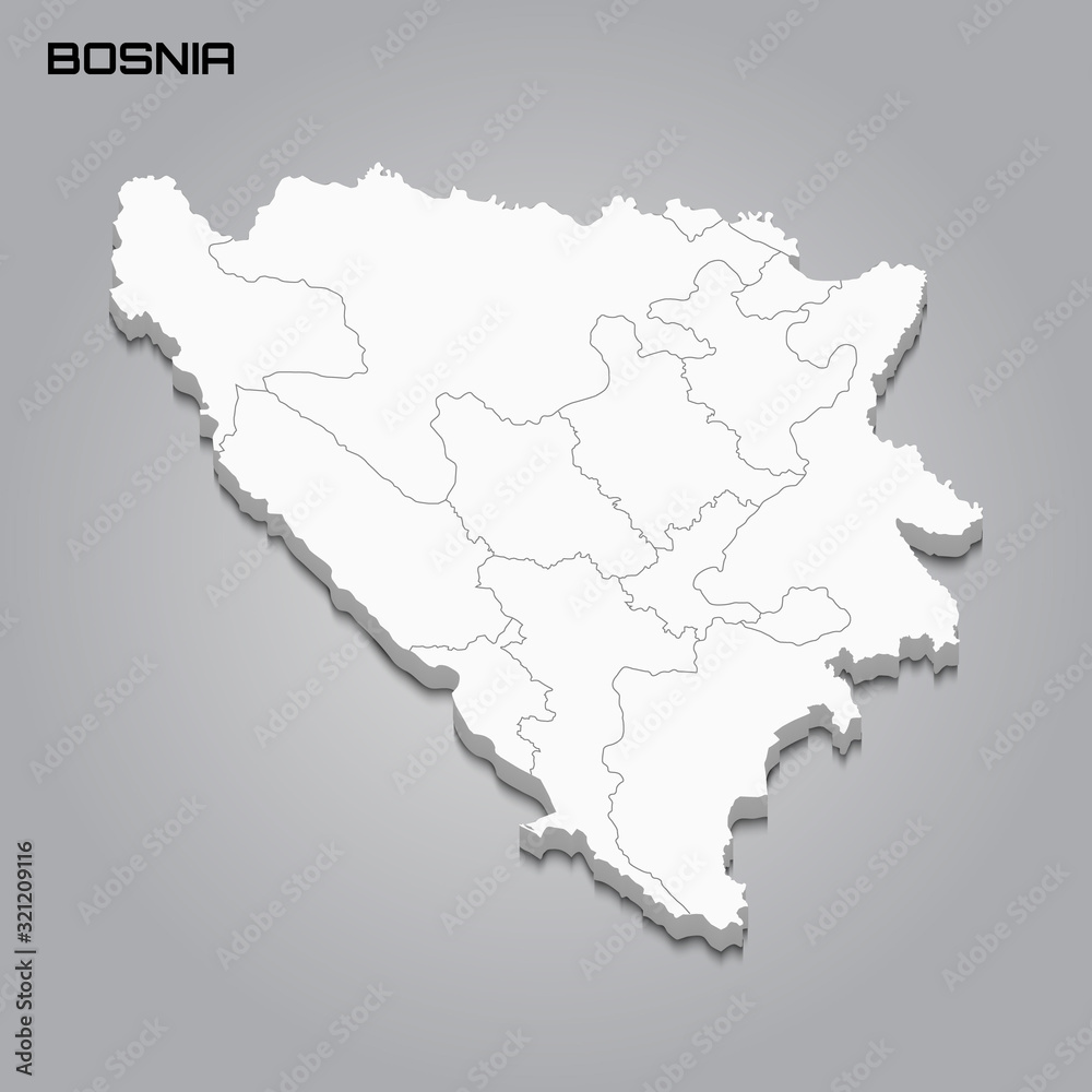 Bosnia 3d map with borders of regions