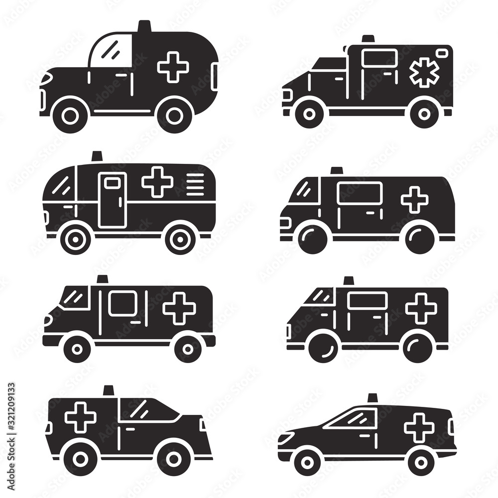 Set Ambulance car icon silhouette.Flat vector illustration.Emergency medical service.Emergency care.911 emergency disaster vehicle.Van transport with warning lights and sirens. Set Ambulance car icon silhouette.Flat vector illustration.Emergency medical service.Emergency care.911 emergency disaster vehicle.Van transport with warning lights and sirens.