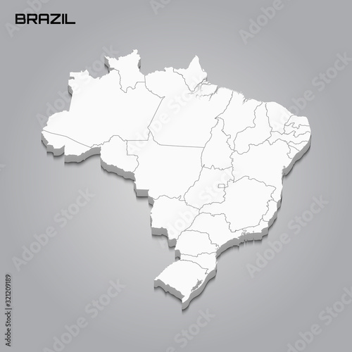 Brazil 3d map with borders of regions