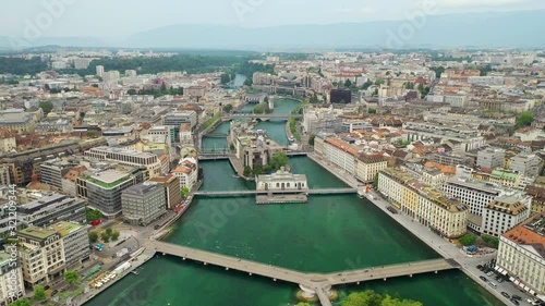 cloudy day geneva cityscape riverside bridges aerial panorama 4k switzerland