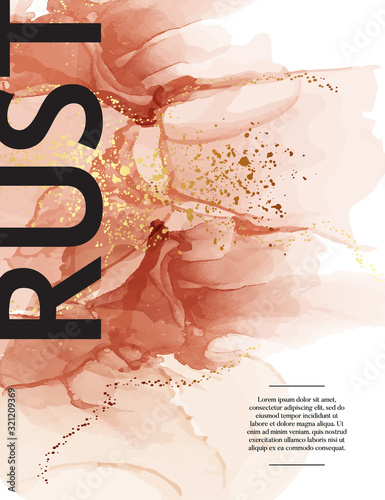 Rust marble template, abstract gold flow in earth tone, watercolor vibes. Pastel background, luxury cover. Warm texture template vector art