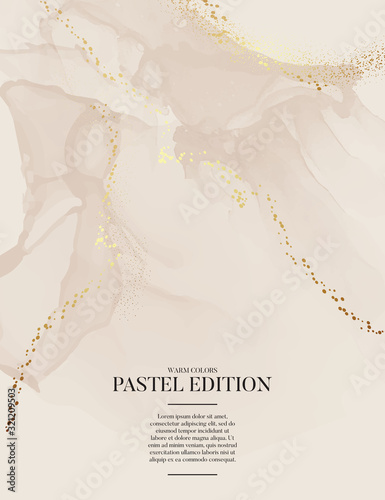 Earth tone pastel beige splatter background with golden foil. Marble liquid in gentle skin tones flow. Abstract vector background