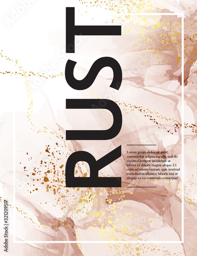 Abstract earthy tone contrast design, watercolor liquid poster, rust terracotta design with golden sparkles. Contrast skin tone dynamic flow. Creative minimal design in vector, resin business banner