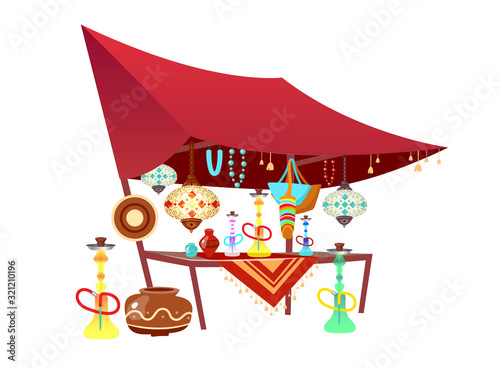 Eastern market tent with souvenirs cartoon vector illustration. Oriental bazaar awning with hookahs, handmade accessories flat color object. Egypt, Istanbul marketplace stall isolated on white