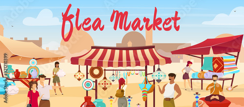Flea market flat vector illustration. Arabic marketplace, Egypt, Istanbul traditional bazaar. Vendors selling souvenirs, carpets faceless cartoon characters with trade tents and mosque on background