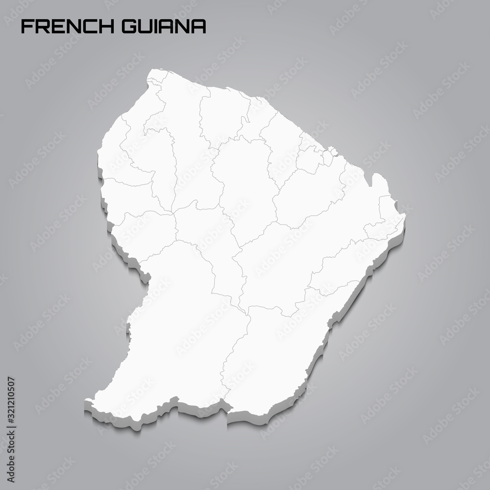 French Guiana 3d map with borders of regions