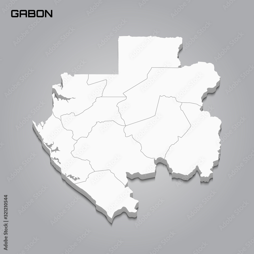 Gabon 3d map with borders of regions