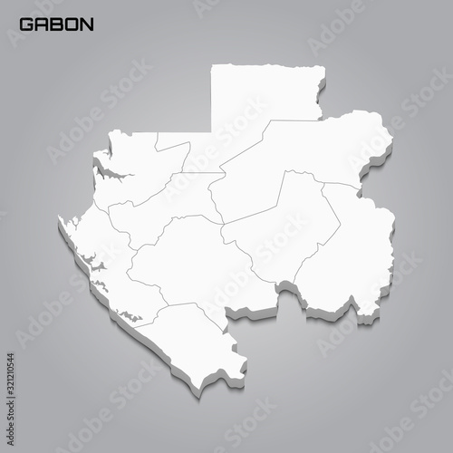 Gabon 3d map with borders of regions